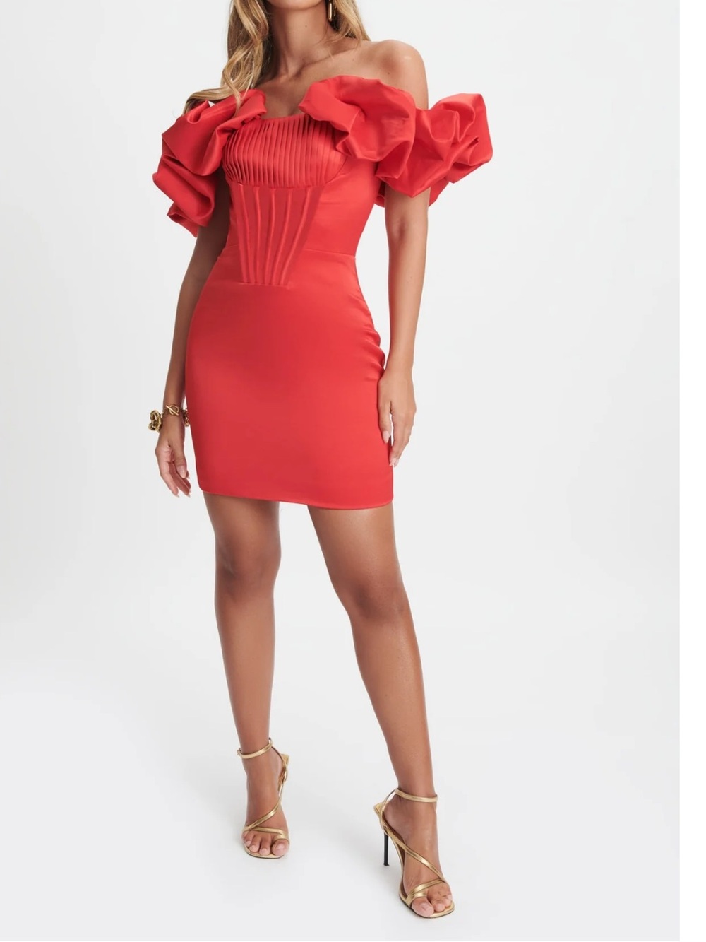 Lavish Alice Scarlet Satin Pleated Corset Puff Dleeve Mini Dress - Red size 0